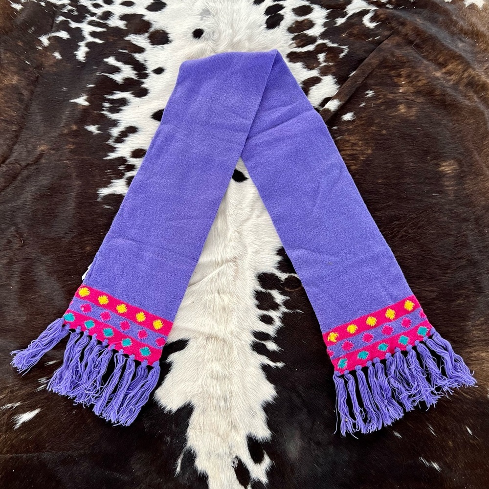 80s vintage Rapido by Beaver Knitwear purple polka dot fringe knit winter scarf